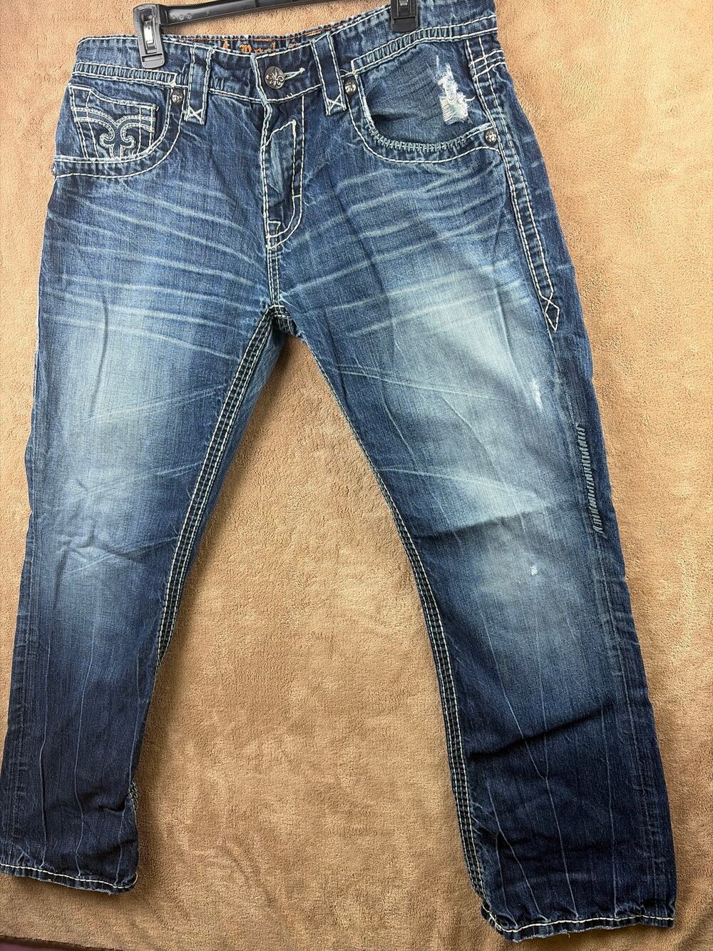 Rock Revival Mens Jeans 34x30 Blue Distressed Heavy Thick Stitch Straight